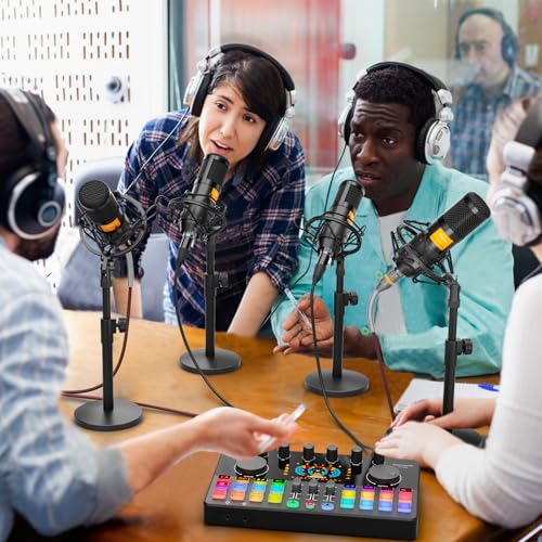 Podcast Equipment Bundle for 4, All-in-One Audio Mixer with Dynamic Micophones Noise Reduction for Live Streaming/Recording/Singing，PC,Smartphone，TikTok M100 3rd - style: M100-4D (4 mics)