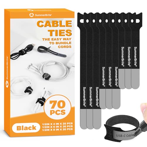 SummerBrite 70 Pack Black Cable Ties Assorted Sizes (4, 6, 8 Inch) with Writable Labels, Reusable Cord Organizer Straps, Hook & Loop Wire Management for PC Desk Setup, Home Office & Electronics - color: Black, size: 4IN+6IN+8IN