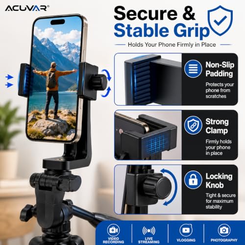 Acuvar Phone Mount for Tripod, Universal Smartphone Holder Adapter with 1/4" Screw, Adjustable Clip for iPhone & Android, Vertical & Horizontal Tripod Phone Holder - style: 1) Rotating Phone Mount