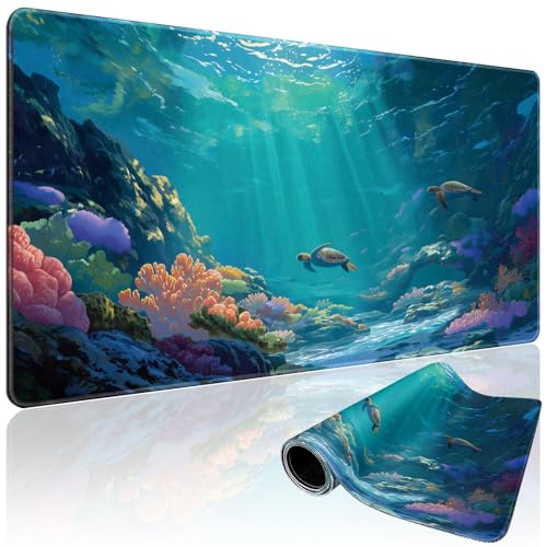 Sea Turtles Large Gaming Mouse Pad 31.5"x15.7"｜ Ocean Scene XXL Desk Mat, Non-Slip Rubber Base & Stitched Edges - Extended Waterproof Mousepad for PC/Laptop/Office/Home Decor - color: Sea Turtles