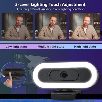 2k Webcam with Ring Light/Microphone,PC Gaming Computer Camera | PC Webcam with RGB Light/Cover/Tripod,Autofocus,65°FOV,Plug and Play USB C Web Camera for Laptop Streaming/Zoom Meeting