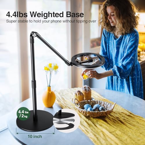 elitehood Overhead Phone Mount with Light for Video Recording, Adjustable Desk Ring Light with Stand and Phone Holder, Heavy Duty Overhead Camera Mount Tripod for iPhone Cooking Video, Filming Meeting - style: Desk Stand with Light