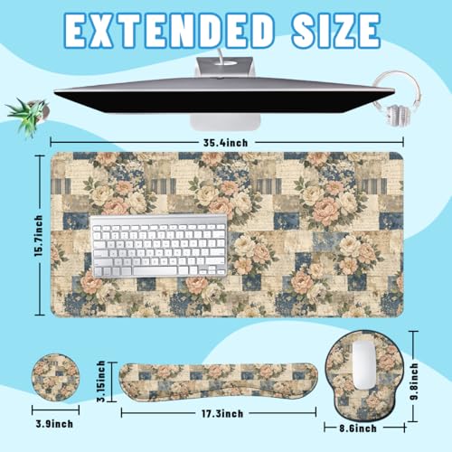 Floral Patchwork Desk Mat Set Vintage Cottage Style Large Mouse Pad with Wrist Rest 4in1 Desk Mat for Desktop Ergonomic Computer Desk Arm Wrist Anti-Slip Computer Ergonomic Mouse Pad Office Gaming - color: Floral Patchwork
