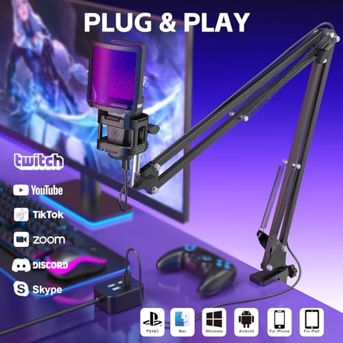ZealSound Microphone for PC, USB Condenser Gaming Mic with Noise Reduction, Gain Control, Mute, Zero-Latency Monitoring, RGB Lighting, Boom Arm & Tripod Stand for Mac iPhone Android Podcasting TikTok - color: Black