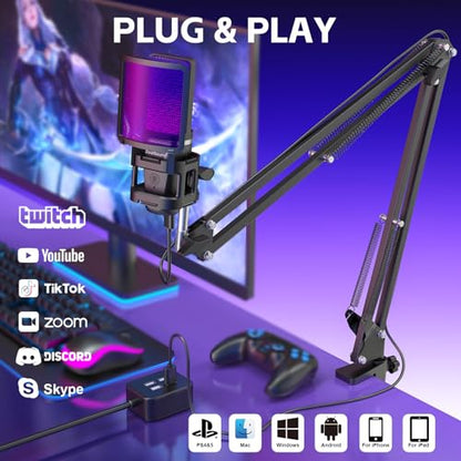 ZealSound Microphone for PC, USB Condenser Gaming Mic with Noise Reduction, Gain Control, Mute, Zero-Latency Monitoring, RGB Lighting, Boom Arm & Tripod Stand for Mac iPhone Android Podcasting TikTok - color: Black