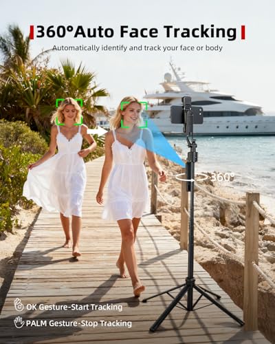 Auto Face Tracking Selfie Stick Tripod for iPhone with Light 360° Rotation That Follows Your Movement 63" Camera Tripod Stand with Remote for Content Creator Vlog Live Stream Video Recording - style: B-Auto Face Tracking Tripod with 2 Square Light