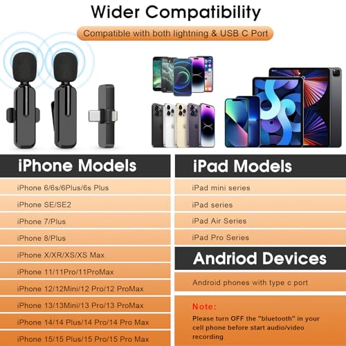 MAYBESTA Wireless Lavalier Microphone for iPhone, iPad, Android - Bluetooth Lapel Phone Mic for Video Recording - Mini Clip on Microphones for YouTube Podcast Interview(2-in-1 Port)
