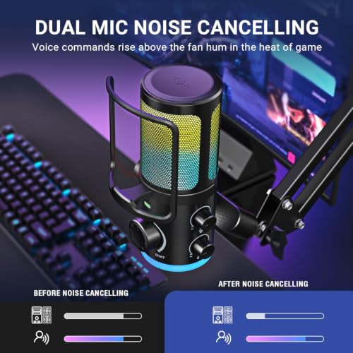 FIFINE USB Streaming Microphone Kit for Gaming, Condenser Mic with RGB, Noise Cancellation, Game/Chat Dial-Plug & Play for PC Twitch/YouTube/Podcast, Includes Boom Arm & Pop Filter-AmpliGame AM6T