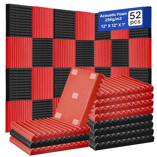 52 Pack Acoustic Foam Panels,1" x 12" x 12" Acoustic Wedge Studio Foam Sound Absorption Wall Panels (BLACK/RED) - color: 52 Pack 26 Black+26 Red, size: 12” x 12" x 1"