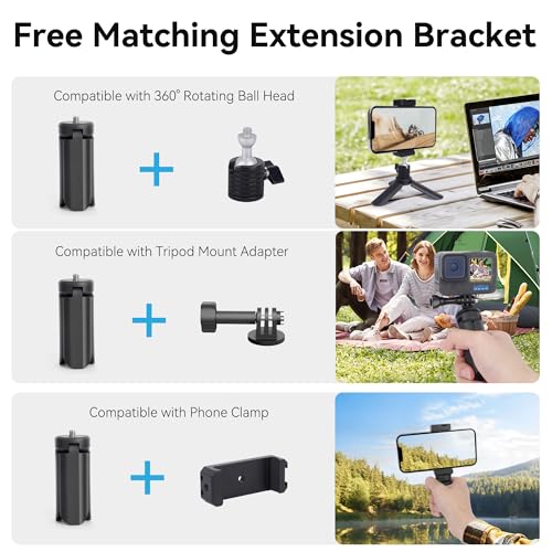 Mini Tripod with 360°Ball Head & Phone Mount, Portable Travel Tabletop Tripod, Selfie Stick Handle Grip with 1/4" Screw, Mini Vlog Tri pod for D Jl Pocket 3/Go Pro 13/iPhone/Android (SJ015)
