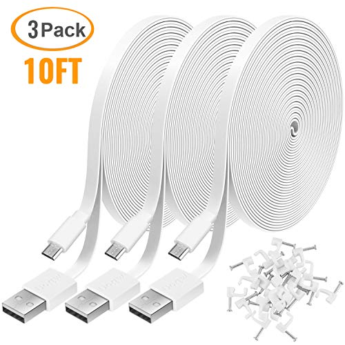 3 Pack 10FT Power Extension Cable Compatible with Wyze Cam, Eufy, Kasa, Nest, Blink - USB to Micro USB Durable Charging and Data Sync Cord for Security Camera