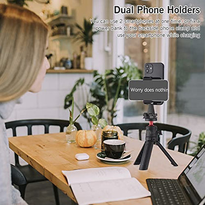 Andoer Multifunctional Smartphone Video Kit Including Universal Phone Tripod Mount with Dual Phone Holders 4 Cold Shoe Mounts + Desktop Tripod for Vlog Live Streaming Oline Video Teaching Meeting
