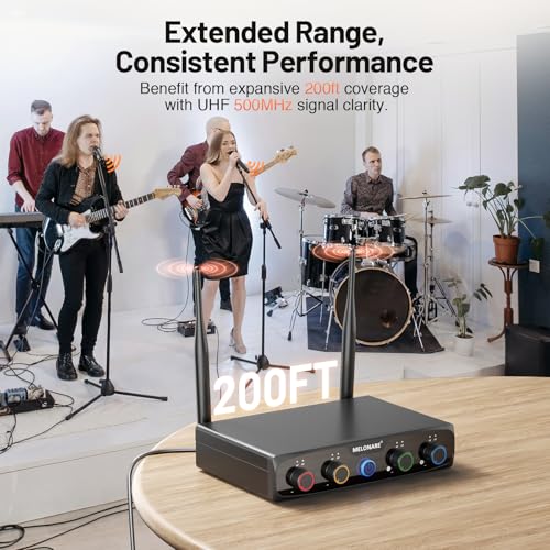 MELONARE 4-Channel Wireless Microphone System, UHF Compact Cordless Mic Set w/ 4x10 Frequencies, 200ft Range, Dynamic Handheld Microphone for Singing, Karaoke, Church, DJ, Wedding (MWM-41-4H) - size: 4 Handheld Mics