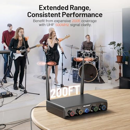 MELONARE 4-Channel Wireless Microphone System, UHF Compact Cordless Mic Set w/ 4x10 Frequencies, 200ft Range, Dynamic Handheld Microphone for Singing, Karaoke, Church, DJ, Wedding (MWM-41-4H) - size: 4 Handheld Mics