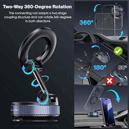 Jikasho Vacuum Magnetic Car Phone Holder for Magsafe, Hands-Free 360° Adjustable Suction Cup Phone Mount for Car/Gym/Mirror/Smooth Surface, Compatible with iPhone & Android (Black) - color: Black