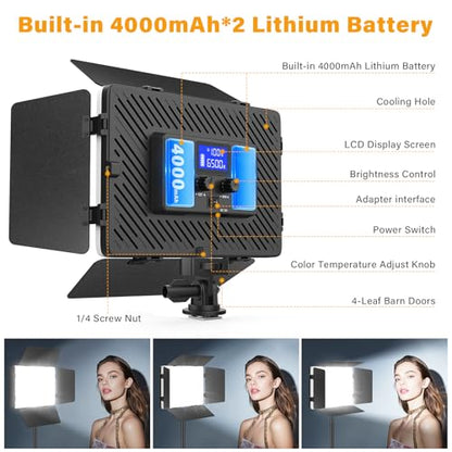 Unicucp 2 Pack Led Video Light Panel Light with Barndoor, 8000mAh Rechargeable Camera Light with 79'' Stand, Photo Studio Lighting kit for Video Recording Live Streaming Outdoor Indoor Photography