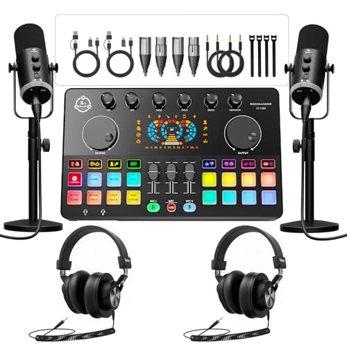 Podcast Equipment Bundle for 2, Audio Interface with 2 Dynamic XLR/USB Microphones, 2 Desktop Mic Stands and 2 Headphones, RGB, Voice Change for Vocal Recording,Podcasting,Streaming, PC Phone,TikTok - color: Two dynamic mics bundle