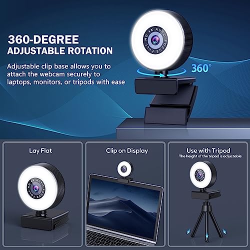 4K HD Autofocus Webcam with Microphone, Adjustable Light and Privacy Cover, Plug and Play USB for Laptop/Desktop Video Calling