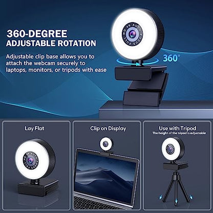 4K HD Autofocus Webcam with Microphone, Adjustable Light and Privacy Cover, Plug and Play USB for Laptop/Desktop Video Calling