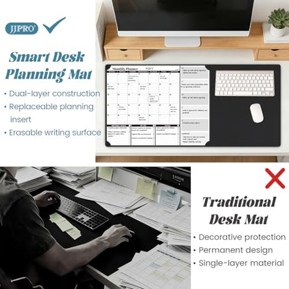 JJPRO Dual-Layer Black Dry Erase Desk Mat,Large Multi-Use Dry Erase Desk Calendar,Dry Erase Desk Pad,Double-Sided Faux Leather Desk Pad,Reusable Large Mouse Pad for Office, Home-16"x34" - color: Black