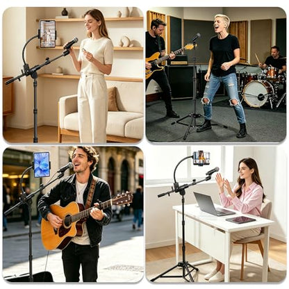 GUITTO Microphone Floor Stand with Phone/Tablet Holder, Adjustable Boom Mic Stand with Heavy-Duty Base, Dual Device Mount for Streaming, Podcasting, Recording, and Live Performances GMS-04