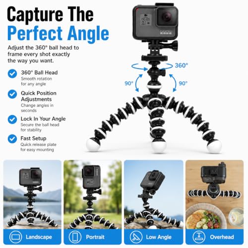 Acuvar 10" Flexible Octopus Tripod for GoPro, DJI Osmo Action & Action Cameras, Bendable Mini Tripod with Action Camera Mount, Quick Release Plate & 360° Ball Head - style: Tripod + Adapter for GoPro