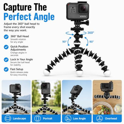 Acuvar 10" Flexible Octopus Tripod for GoPro, DJI Osmo Action & Action Cameras, Bendable Mini Tripod with Action Camera Mount, Quick Release Plate & 360° Ball Head - style: Tripod + Adapter for GoPro