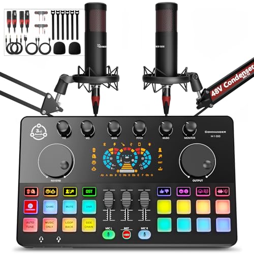Podcast Equipment Bundle for 2, Audio Interface DJ Mixer with 48V XLR Condenser Microphone, RGB,Voice Change, for Streaming, Podcast Recording,Tiktok,PC, Smartphone COMMANDER M100 3rd - color: HS-M100-2X