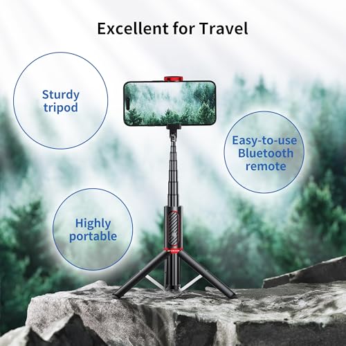 ATUMTEK Selfie Stick Tripod, 3-in-1 Extendable Aluminum Phone Tripod with Detachable Bluetooth Remote, Compatible with iPhone 17/16/15/14/13/12/11/11 Pro/XS Max/XR and Samsung Smartphones, Red - color: Red