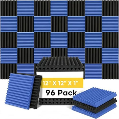 96 Pack Black/BLUE 12 "X 12 "X1" Acoustic Panels Studio Soundproofing Foam Wedge Tiles(Accompanied By Double-Sided Adhesive Tape) - color: Black/BLUE