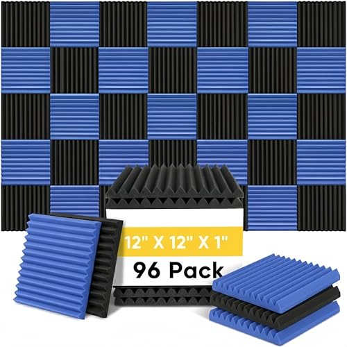 96 Pack Black/BLUE 12 "X 12 "X1" Acoustic Panels Studio Soundproofing Foam Wedge Tiles(Accompanied By Double-Sided Adhesive Tape) - color: Black/BLUE
