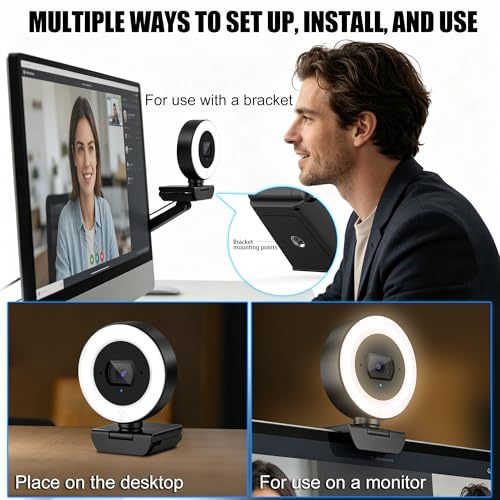 4K Webcam with Ring Light, PDAF Autofocus Streaming Camera for PC | 1080P 60FPS, Built-in Privacy Cover, Dual Omnidirectional Mics, USB Plug-and-Play for Zoom,Laptop,Conference,Meeting,Desktop