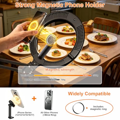 Magnetic Overhead Ring Light for Desk, 10” Selfie Light for iPhone | Built-in 5000mAh Battery, Power Display 360°, Rotation 180°Adjustable, for Selfies, Live Streaming, TikTok & Cooking Videos