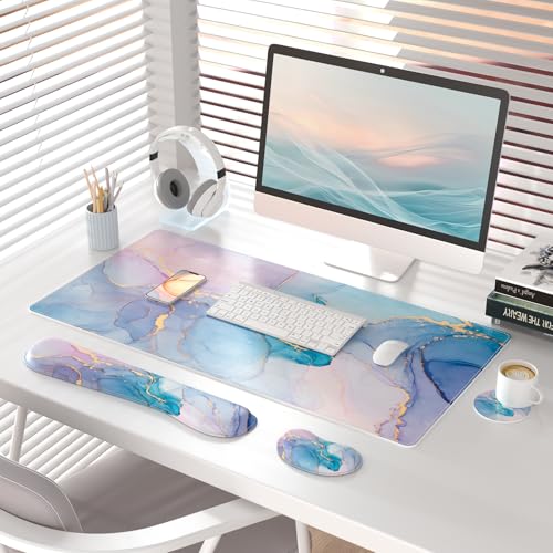 QIYI Leather Desk Mat Set, 4-in-1 Large Mouse Pad with Ergonomic Wrist Rest, Waterproof Desk Pad + Keyboard Wrist Rest +Mouse Wrist Support+Coaster, Non-Slip Office Gaming Accessories, Blue Pink Fluid - color: Blue Pink Fluid