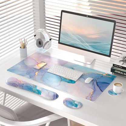 QIYI Leather Desk Mat Set, 4-in-1 Large Mouse Pad with Ergonomic Wrist Rest, Waterproof Desk Pad + Keyboard Wrist Rest +Mouse Wrist Support+Coaster, Non-Slip Office Gaming Accessories, Blue Pink Fluid - color: Blue Pink Fluid