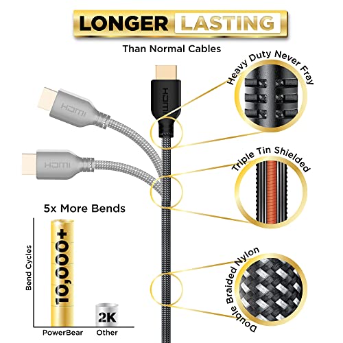 PowerBear 4K HDMI Cable 15 ft [2 Pack] High Speed, Braided Nylon & Gold Connectors, 4K @ 60Hz, Ultra HD, 2K, 1080P, ARC & CL3 Rated | for Laptop, Monitor, PS5, PS4, Xbox One, Fire TV, Apple TV & More - size: 15ft 2pack