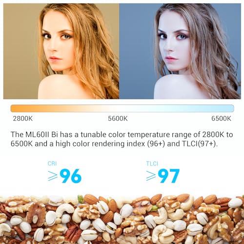 Godox ML60IIBi with Handheld Bracket, 70W Bi-Color LED Video Light, Handheld LED Light with Quiet Cooling Fan, Portable COB Continuous Output Lighting, 11 FX Effects 0-100% Brightness