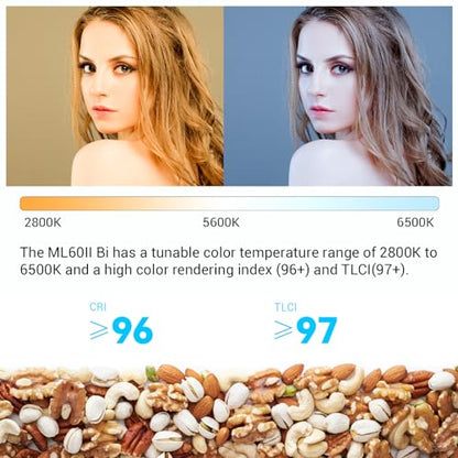 Godox ML60IIBi with Handheld Bracket, 70W Bi-Color LED Video Light, Handheld LED Light with Quiet Cooling Fan, Portable COB Continuous Output Lighting, 11 FX Effects 0-100% Brightness