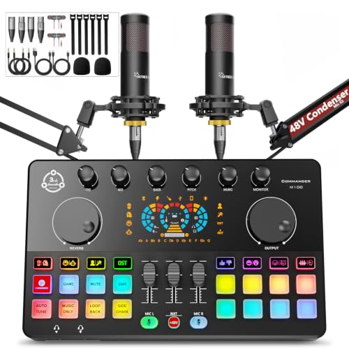 Podcast Equipment Bundle for 2, Audio Interface DJ Mixer with 48V XLR Condenser Microphone, RGB,Voice Change, for Streaming, Podcast Recording,Tiktok,PC, Smartphone COMMANDER M100 3rd - color: HS-M100-2X