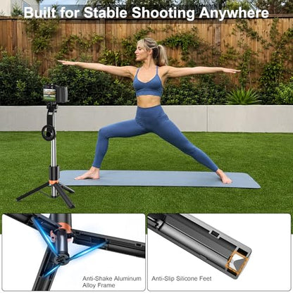 Magnetic Selfie Stick Tripod with 1/4" Camera Mount, Dual Device Phone & Camera Setup, Portable Content Creator Stand with Remote Control Phone Tripod for TikTok Live Streaming Travel Video Recording