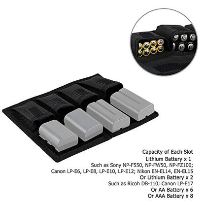 Camera Battery Pouch Holder Case for 4 PCS Sony NP-F550 NP-FW50 NP-FZ100 NP-BX1 Canon LP-E6 LP-E8 LP-E10 LP-E12 LP-E17 Fuji NP-W126 Nikon EN-EL14 EN-EL15 with Zipped Pocket to Store SD TF XQD CF Cards - size: 4 Slot+2 Zippered Pockets