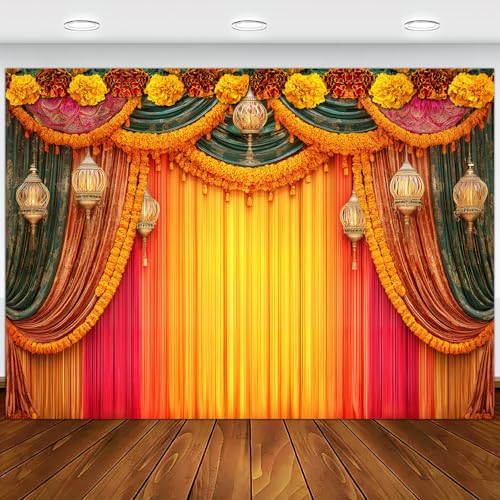 India Pooja Backdrop, Puja Ganpati Pooja Traditional Mehndi Festival Party Decorations, Diwali India Wedding India Ceremony Bridal Shower Photography Background Wall Decor Props Banner 7X5FT - color: Yellow, size: 7 X 5 Ft