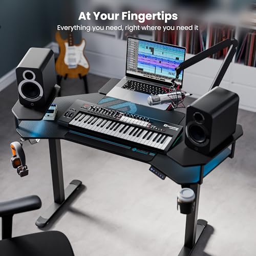 EUREKA ERGONOMIC Aero 55 Inch W Shaped Electric Standing Desk, Height Adjustable Computer Gaming Desk with LED Monitor Shelf, Mouse Pad, Headphone Hook, Cup Holder, Carbon Black - color: Black, size: 55"W x 35"H-Adjustable