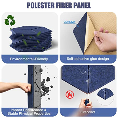 12 Pack Self-adhesive Acoustic Panels 12" X 10" X 0.4" -Sound Proof Foam Panels with High Density, Fashionable Y-Lined Design, Flame Resistant, Absorb Noise and Eliminate Echoes(Dark Blue) - color: Dark Blue, size: Y-Cut Hexagon 12 Pack