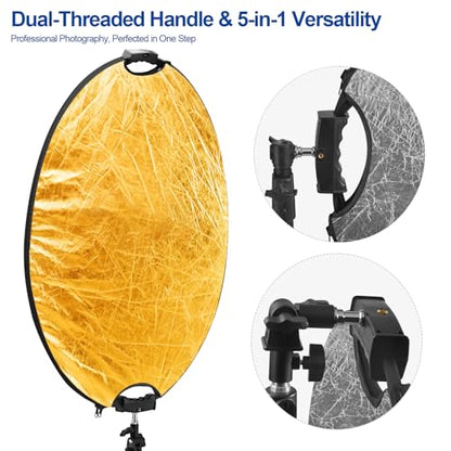 WELLMAKING 32''(80cm) Photography Reflector Dual Handle Collapsible 5-in-1 with Tilt Adapter Reflector, White Portable Stand and Pouch for Studio & Outdoor Lighting-Translucent,Silver,Gold,White&Black