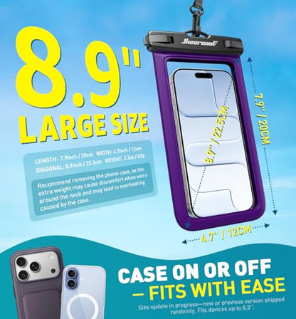 Hiearcool Universal Waterproof Phone Pouch, Dry Bag Compatible for iPhone 17 16 15 14 13 Pro Max XS Plus Samsung Galaxy S22 Cellphone Up to 8.9", IPX8 Water Proof Cell Phone Case for Beach-2Pack - color: Blue & Purple