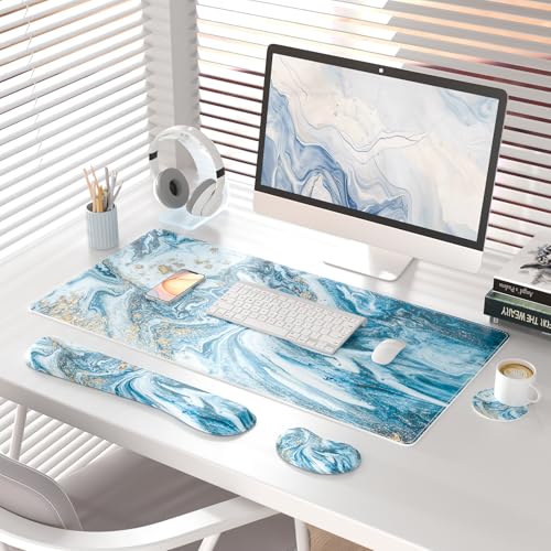 QIYI Leather Desk Mat Set, 4-in-1 Large Mouse Pad with Ergonomic Wrist Rest, Waterproof Desk Pad + Keyboard Wrist Rest + Mouse Wrist Support + Coaster, Non-Slip Office Gaming Accessories, Blue Marble - color: Blue Marble