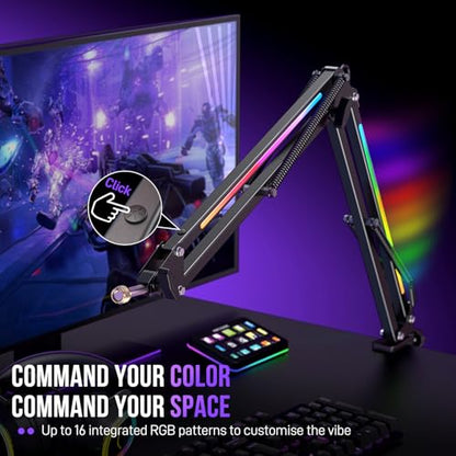 FIFINE Microphone Boom Arm, Metal Adjustable Mic Arm Stand with RGB Control, 3/8” to 5/8” Screw Adapter, Desk Mount Clamp, Suspension Scissor Mic Stand for Gaming Streaming Podcast-AmpliGame BM38 - color: Black