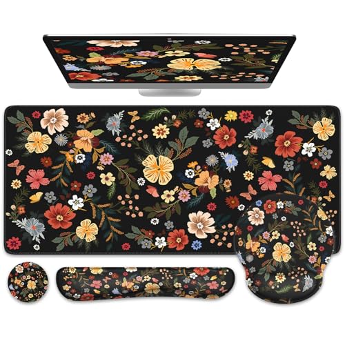 iCasso Desk Cover Mat, 4in1 Floral Large Mouse Pad with Wrist Rest, Desk Matt for Desktop, Anti-Slip XXL Big Computer Ergonomic Mousepad with Wrist Support for Keyboard and Mouse (Flowers) - color: Flowers