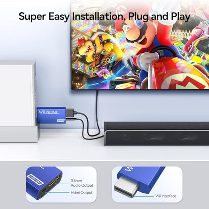 GANA Wii to HDMI Converter Adapter with Hdmi Cable Connect Wii Console to HDMI Display in 1080p Output Video with 3.5mm Audio Supports All Wii Display Modes Blue - color: wii to hdmi Blue